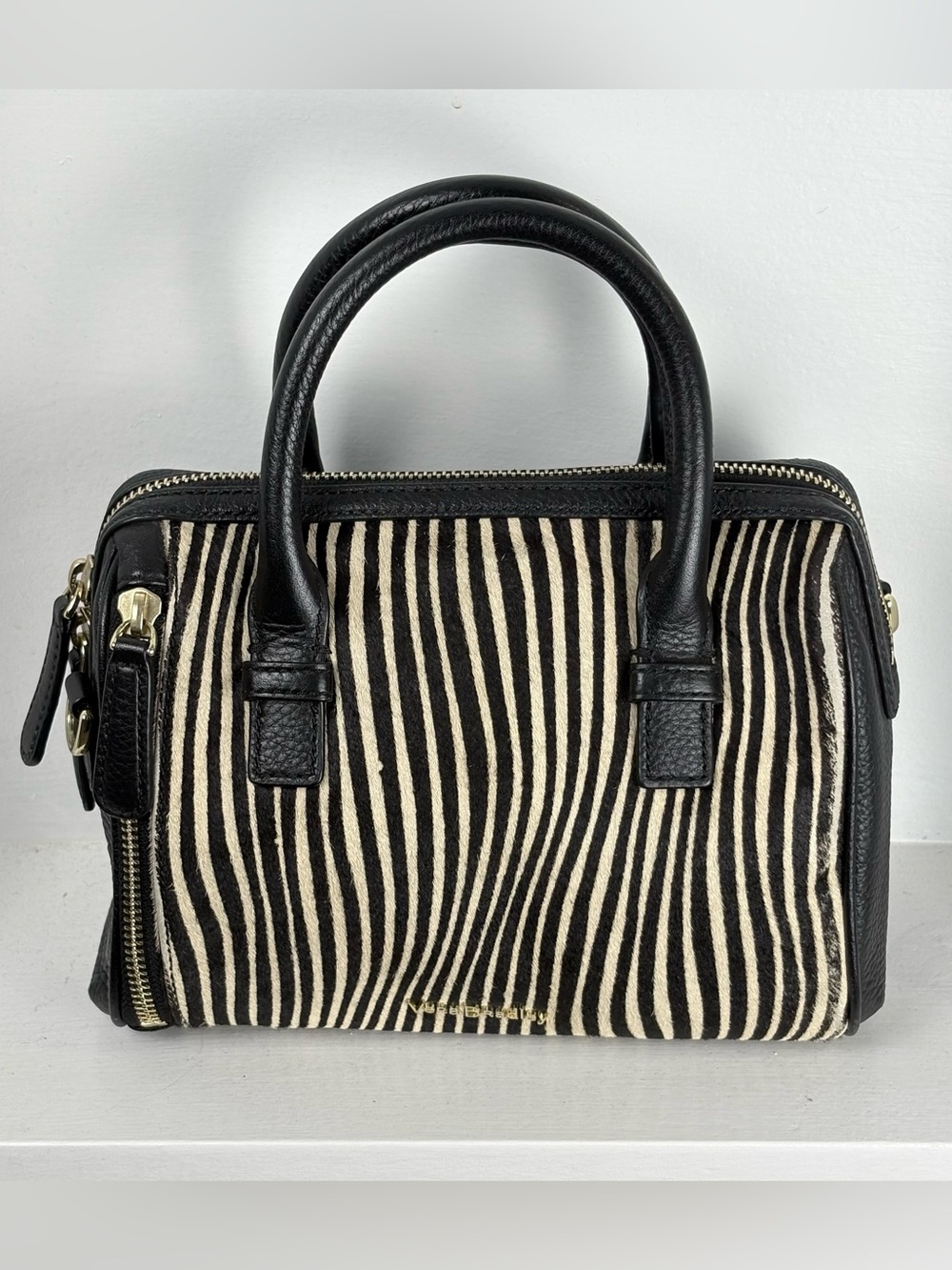 Vera Bradley Genuine Leather Zebra Calf Hair Satchel Bag Black Gold Rare